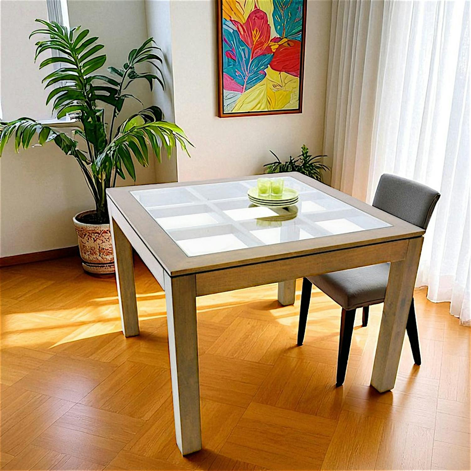 Table de repas carrée Hévéa avec plateau verre posé sur quadrillage bois 100x100x76cm HELENA