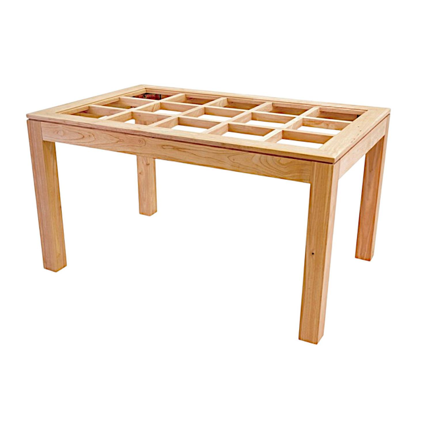 Table de repas rectangle Hévéa avec plateau verre posé sur quadrillage bois 138,5x89,5x76cm HELENA