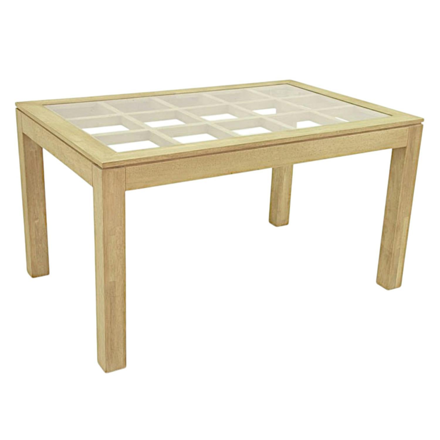 Table de repas rectangle Hévéa avec plateau verre posé sur quadrillage bois 138,5x89,5x76cm HELENA