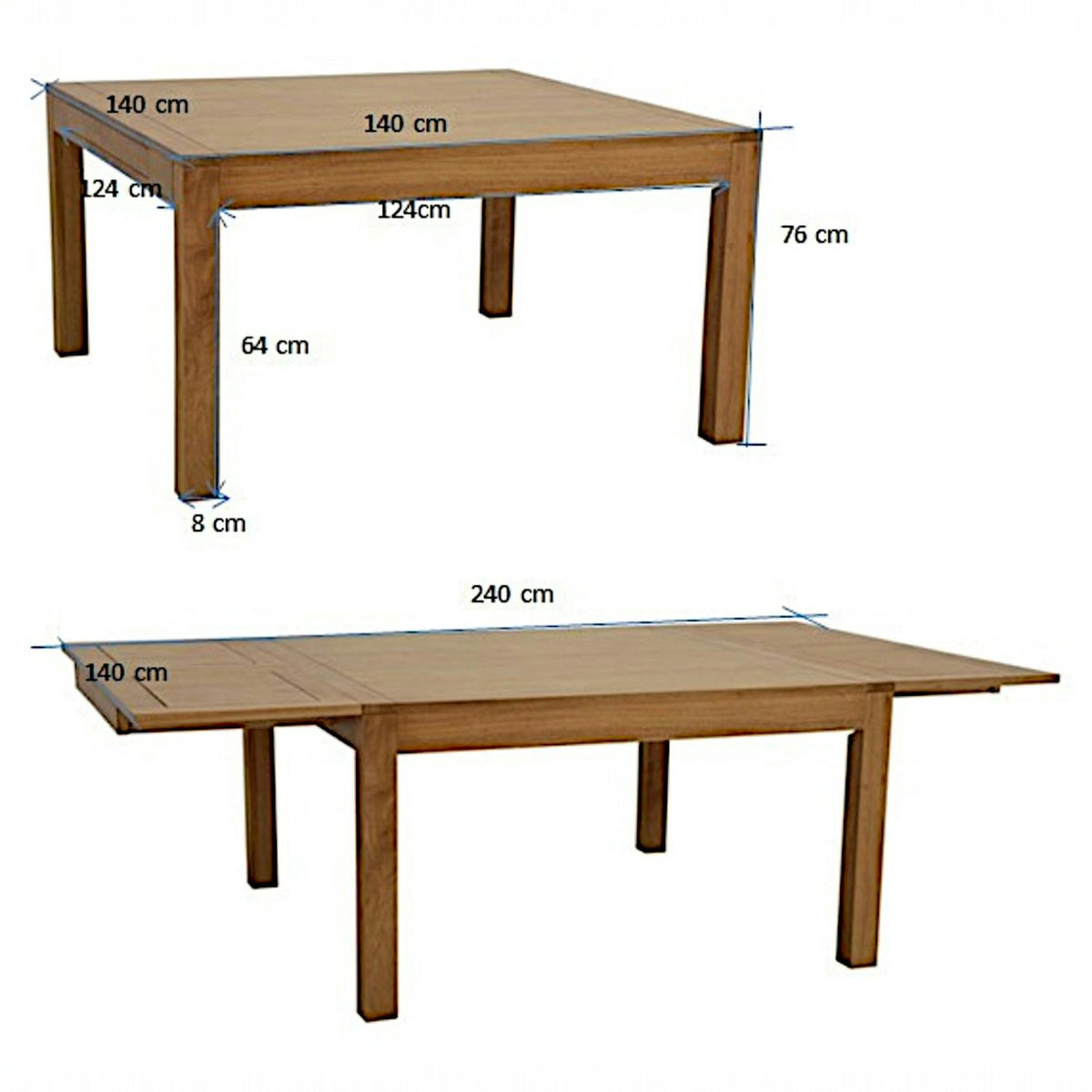Table repas carrée extensible hévéa 140/240cm OLGA