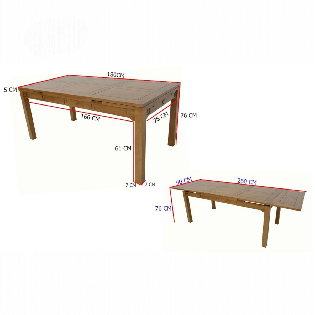 Table repas extensible hévéa 180/260cmTESSA
