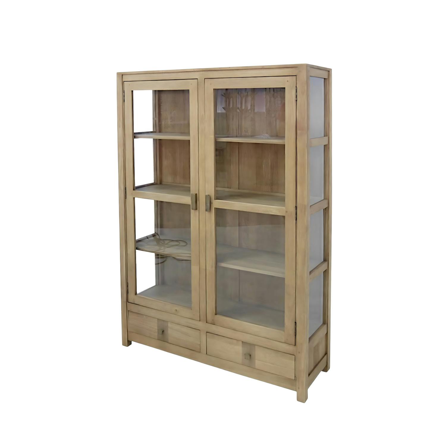 Vitrine Hévéa 2 portes vitrées, 2 tiroirs 120x38x170cm GALA